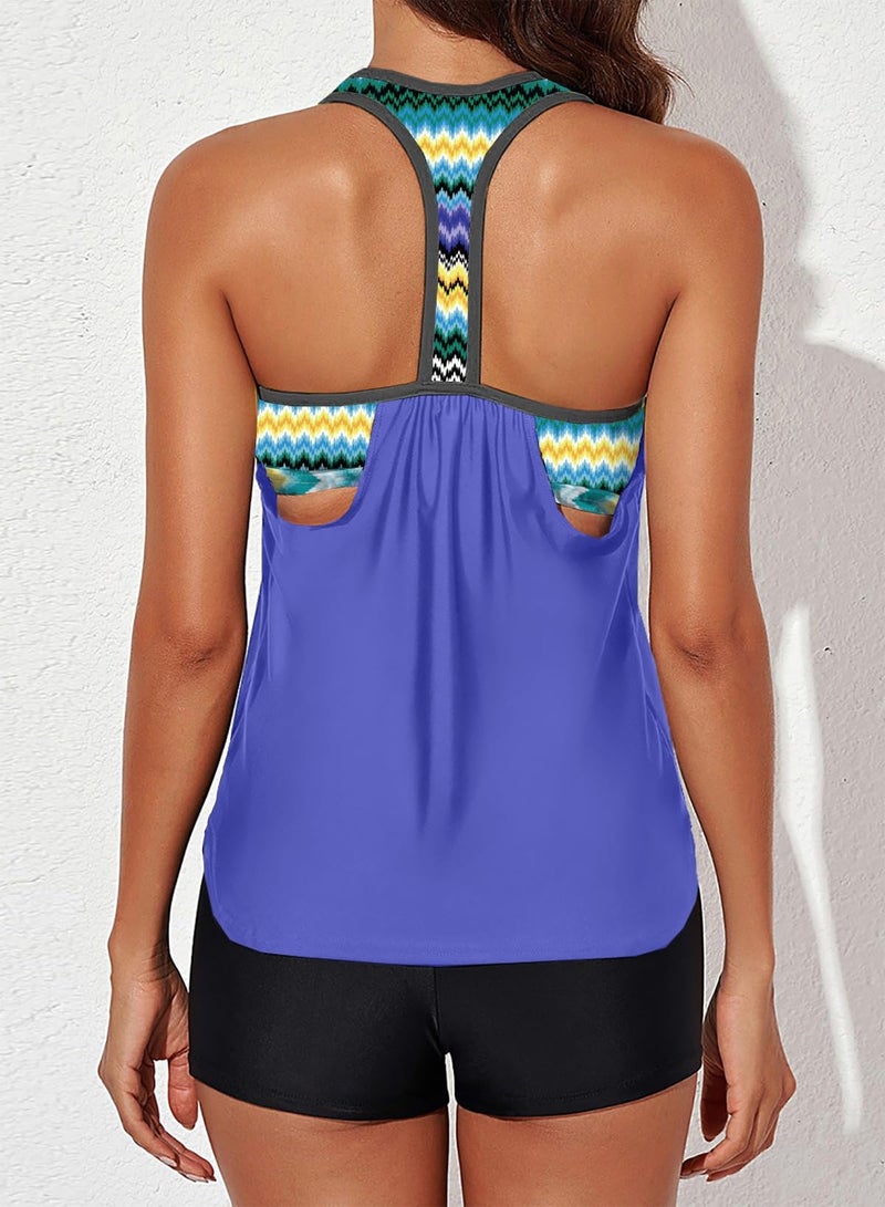 Aleumdr Womens Blouson Printed Push Up Tankini Set Padded Bathing Suit Racerback Two Piece Swimsuit Blue Medium 8 10 - Image 2